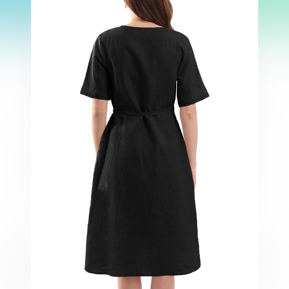 Amazhiyu Womens Pure Linen Summer Short Sleeve Wrap Midi Dresses with Pockets - Picture 2 of 5